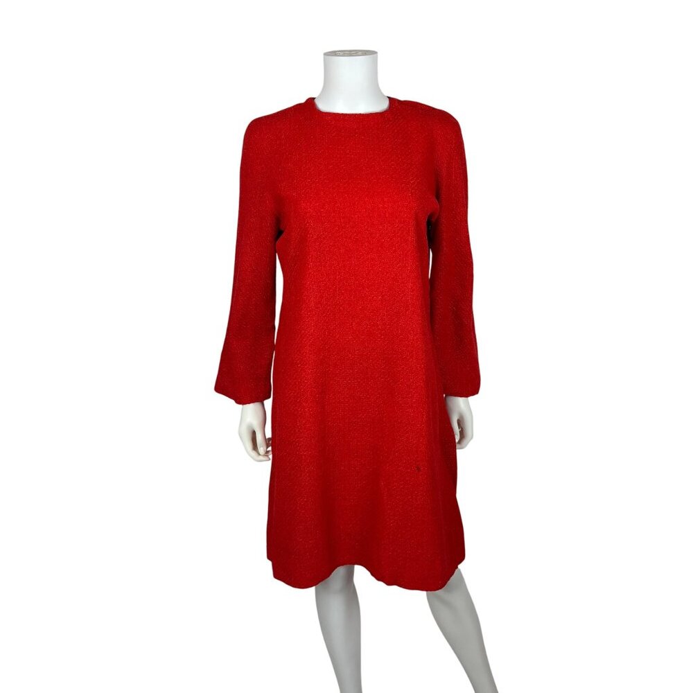 Vintage 70s Tweed Dress Womens Large Long Bell Sleeves Red Orange Woven Mini - Picture 2 of 10